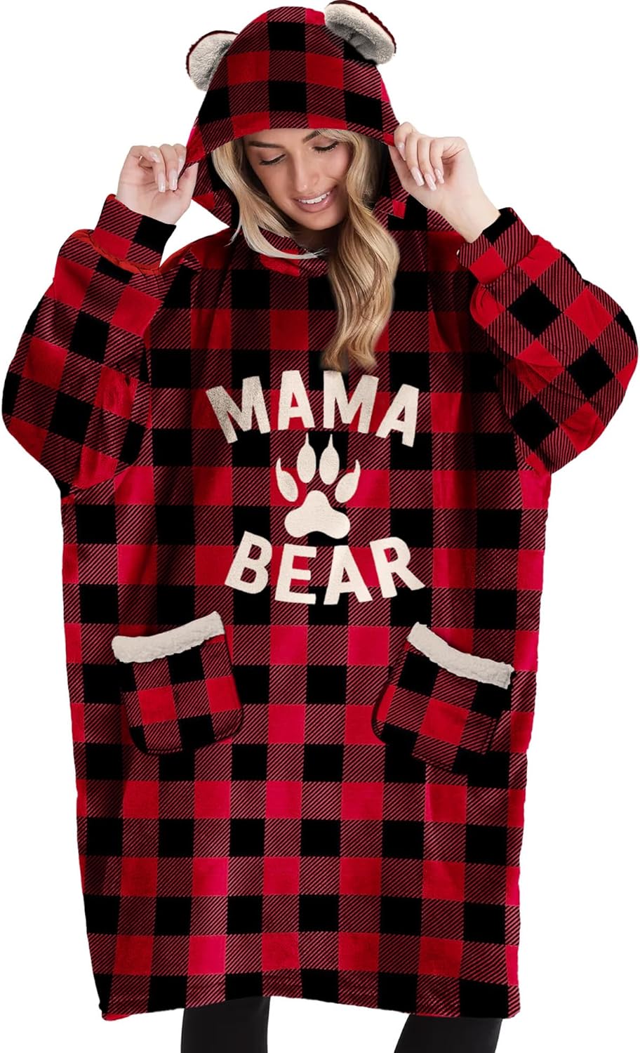 Mama Bear Ear Plaid Hoodie Dress