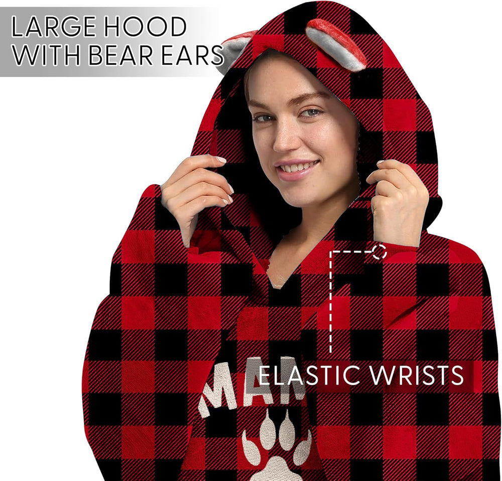 Mama Bear Ear Plaid Hoodie Dress