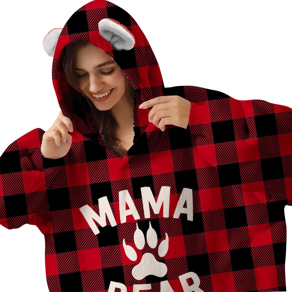 Mama Bear Ear Plaid Hoodie Dress