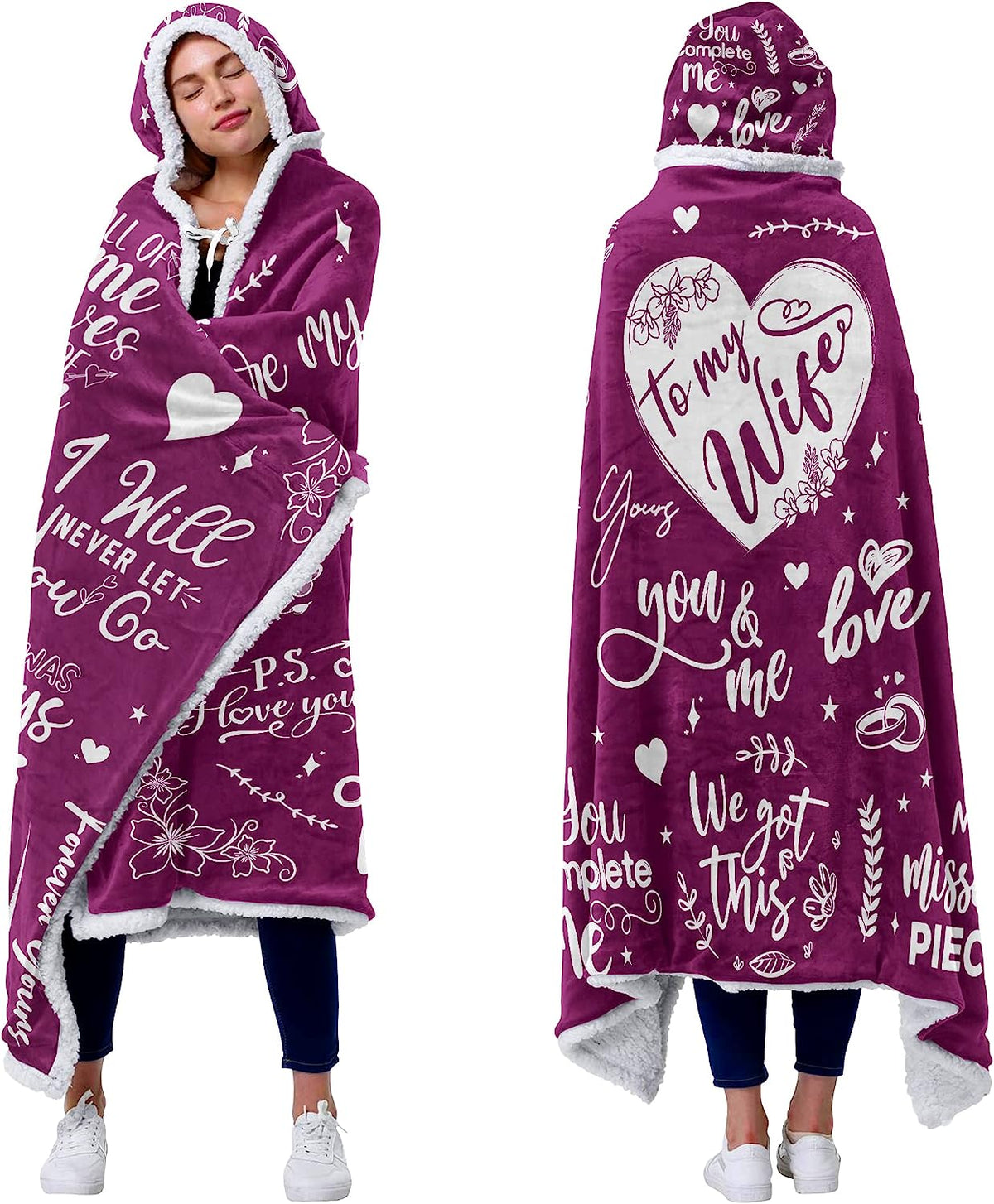 Vprintes Gifts for Wife - Sherpa Fleece Wearable Blanket Hoodie - Wife Gifts from Husband